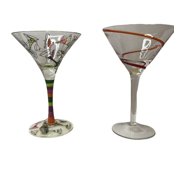 Mixed Lot 2 Martini Glasses-Lolita Handpainted - 7” And Pier 1 Red Swirl - Picture 1 of 9